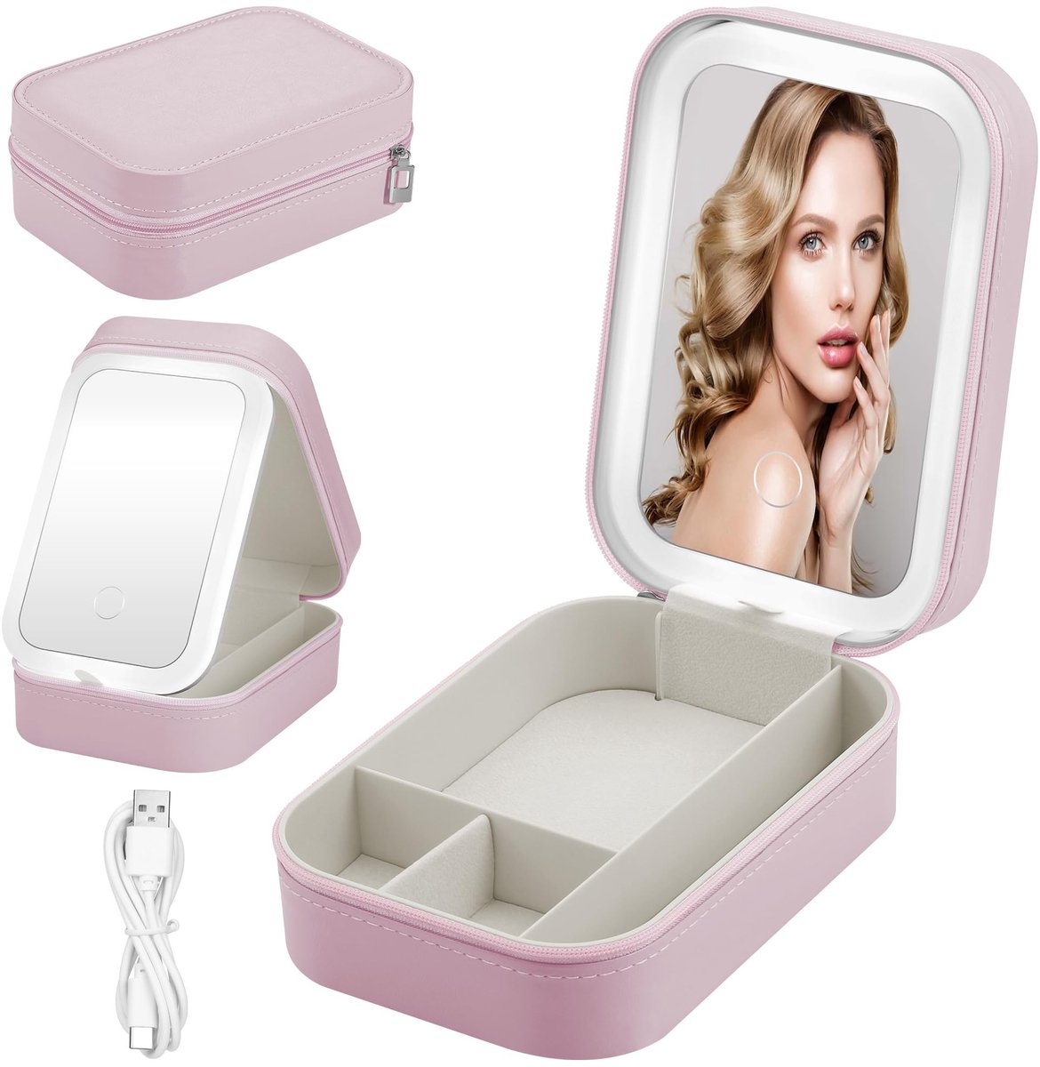 Dailygoods - Make-uptas - LED-spiegel - Draagbaar en stijlvol - Roze - Reismake-up organizer - Perfect voor op reis - Inclusief verlichting