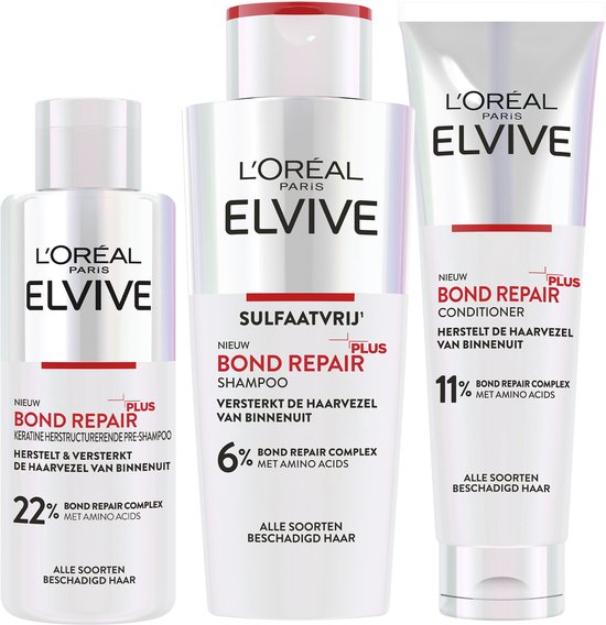 L'Oréal Paris Elvive Bond Repair Pre-Shampoo, Shampoo & Conditioner Routine Bundel - Voor Beschadigd Haar - 200ml, 200ml & 150ml