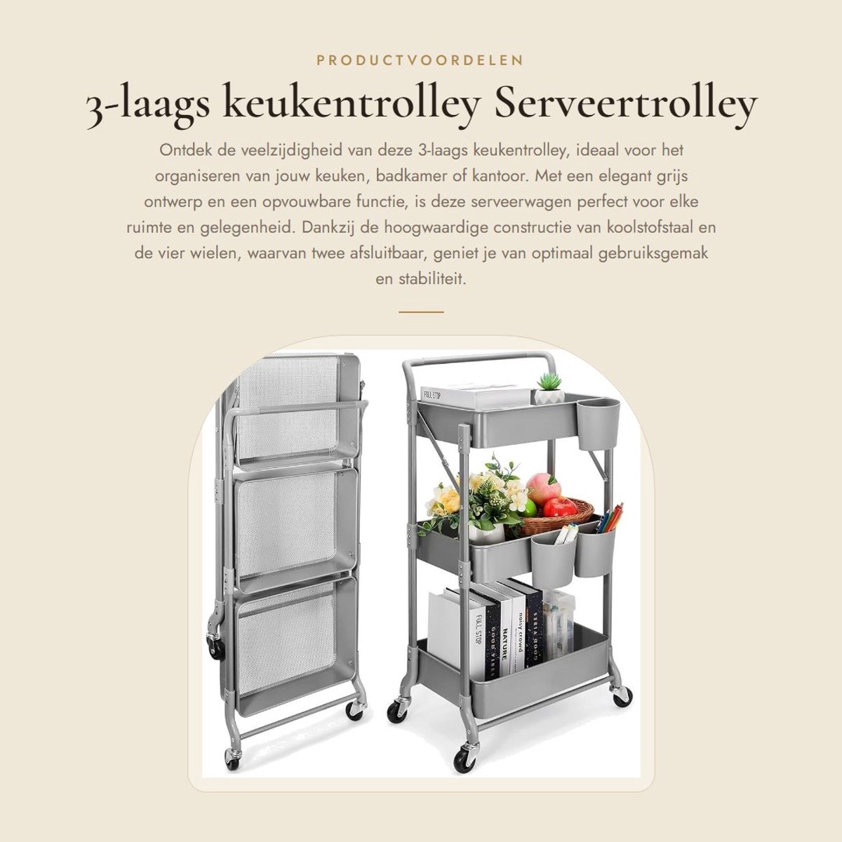 Dailygoods- Keukentrolley 3-laags - Serveertrolley - Opvouwbaar - Organizer - Keukenrek - Hoogwaardig koolstofstaal - Opbergwagen