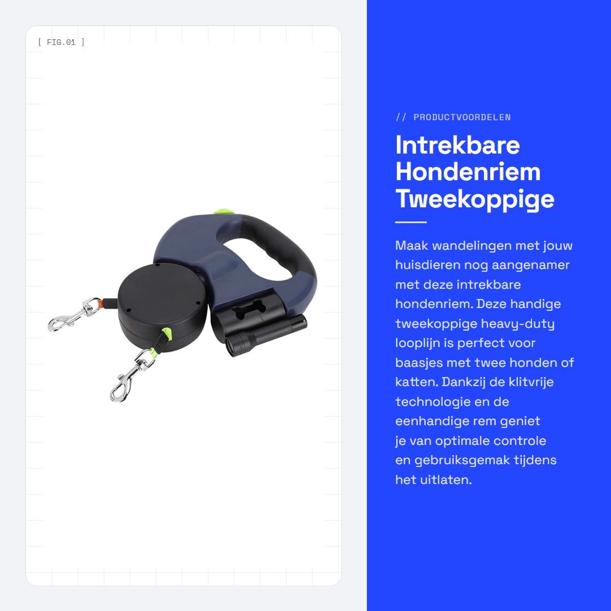 Dailygoods- Intrekbare Hondenriem - Dubbelkoppige Heavy-Duty - 360° Draaibaar - LED Verlichting - Reflecterende Nylon Band - Klitvrij - Hondenlijn