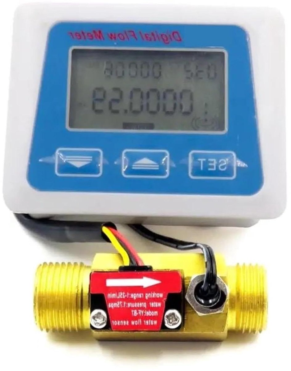 Digitale Flowmeter - Watermeter Temperatuur - Stroom Meten - Messing G1/2 Aansluiting - 1-30 L/min - Messing Goud