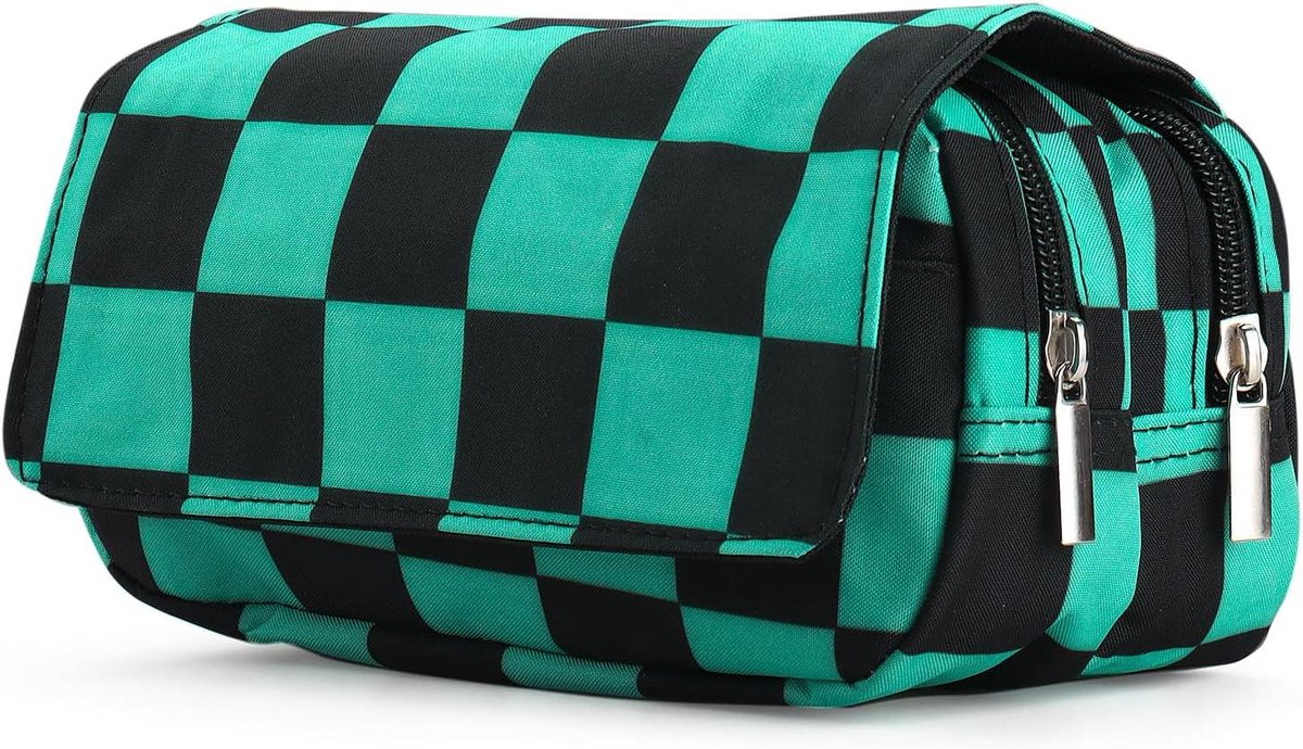 Pennenetui Grote Capaciteit - Briefpapier Organizer - School en Kantoor - Dubbele Ritsen - Ruim Interieur - Groen Geruit