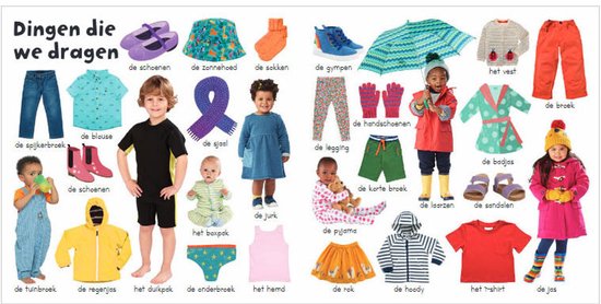 Een spread met kleding en schoenen, inclusief een blauwe spijkerbroek, gele regenjas, rode jas en gestreepte pyjama.
