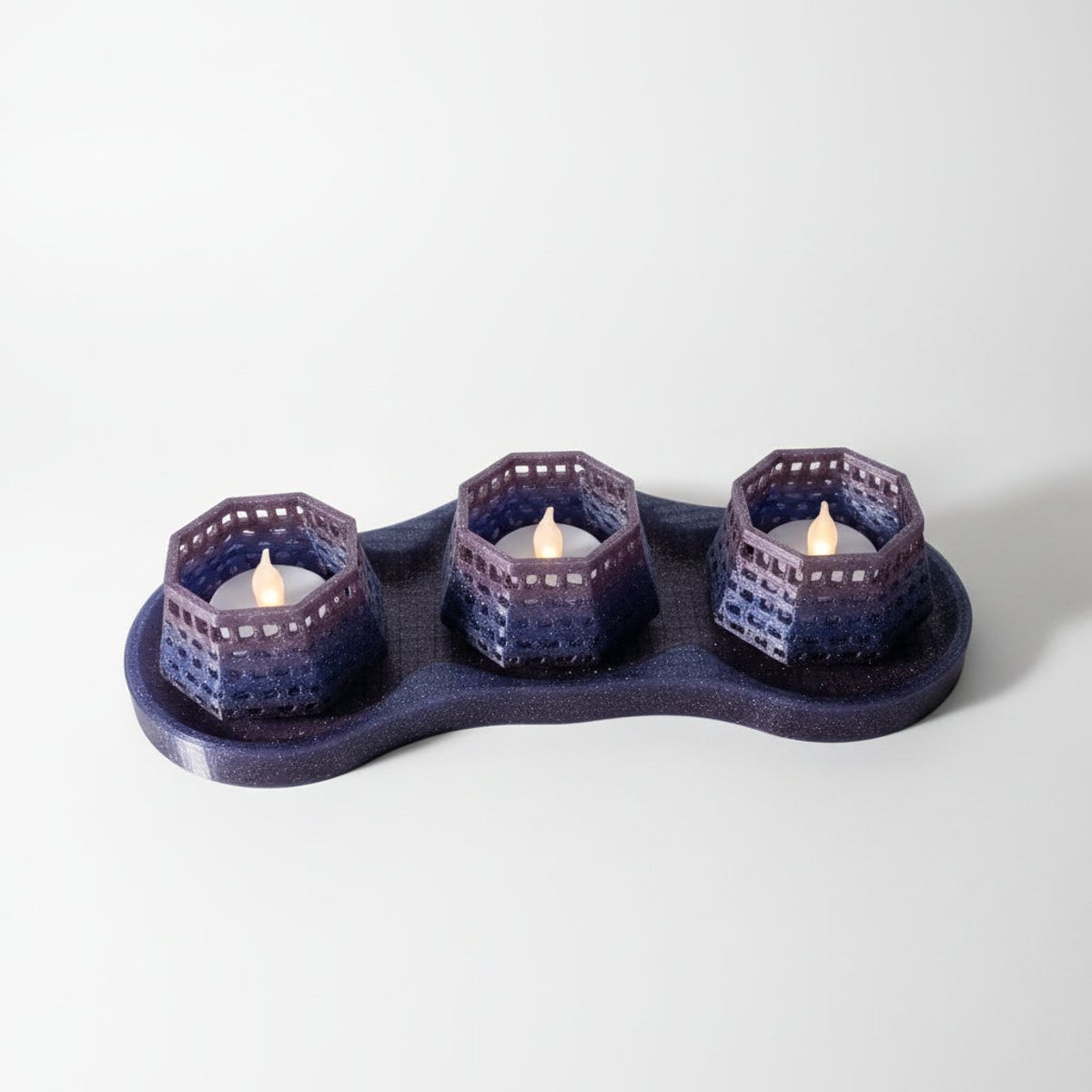 3D-geprinte Theelichthouders – Set van 3 – Modern Opengewerkt Design – Donkerblauw met Glitter