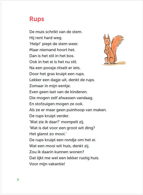 Bladzijde met tekst en illustratie van een rups en een eekhoorn op een stam.