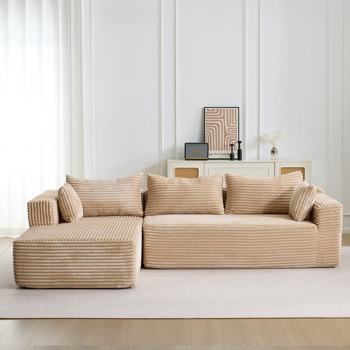 Komhtom Modulaire Slaapbank - L-vormige Chaise Longue - Corduroy Beige - Woonkamer & Appar