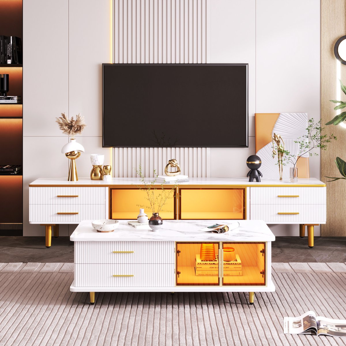 DESMIU Tv Meubel - Met Meerkleurige Led En 4 Laden - Veel Opbergruimte Voor Woonkamer - Spaanplaat En Gehard Glas - 170x37x47,5 Cm - Wit