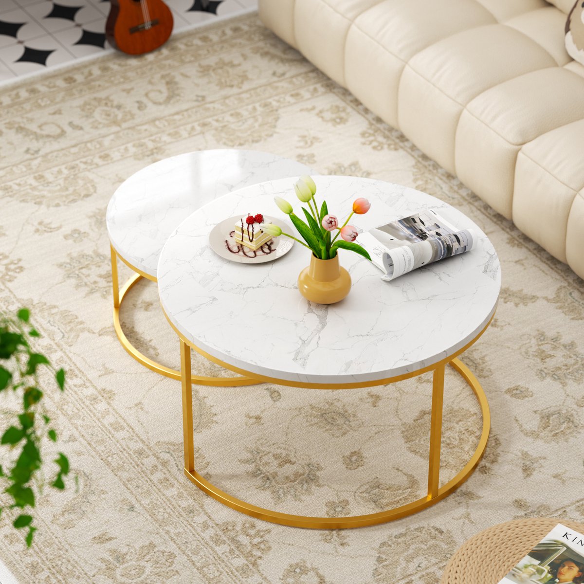 DESMIU Salontafelset Van 2 Delen Met Marmerlook En Slank Metaal Frame Voor Woonkamer En Kantoor Wit Goud 80 X 45 Cm En 60 X 33 5 Cm