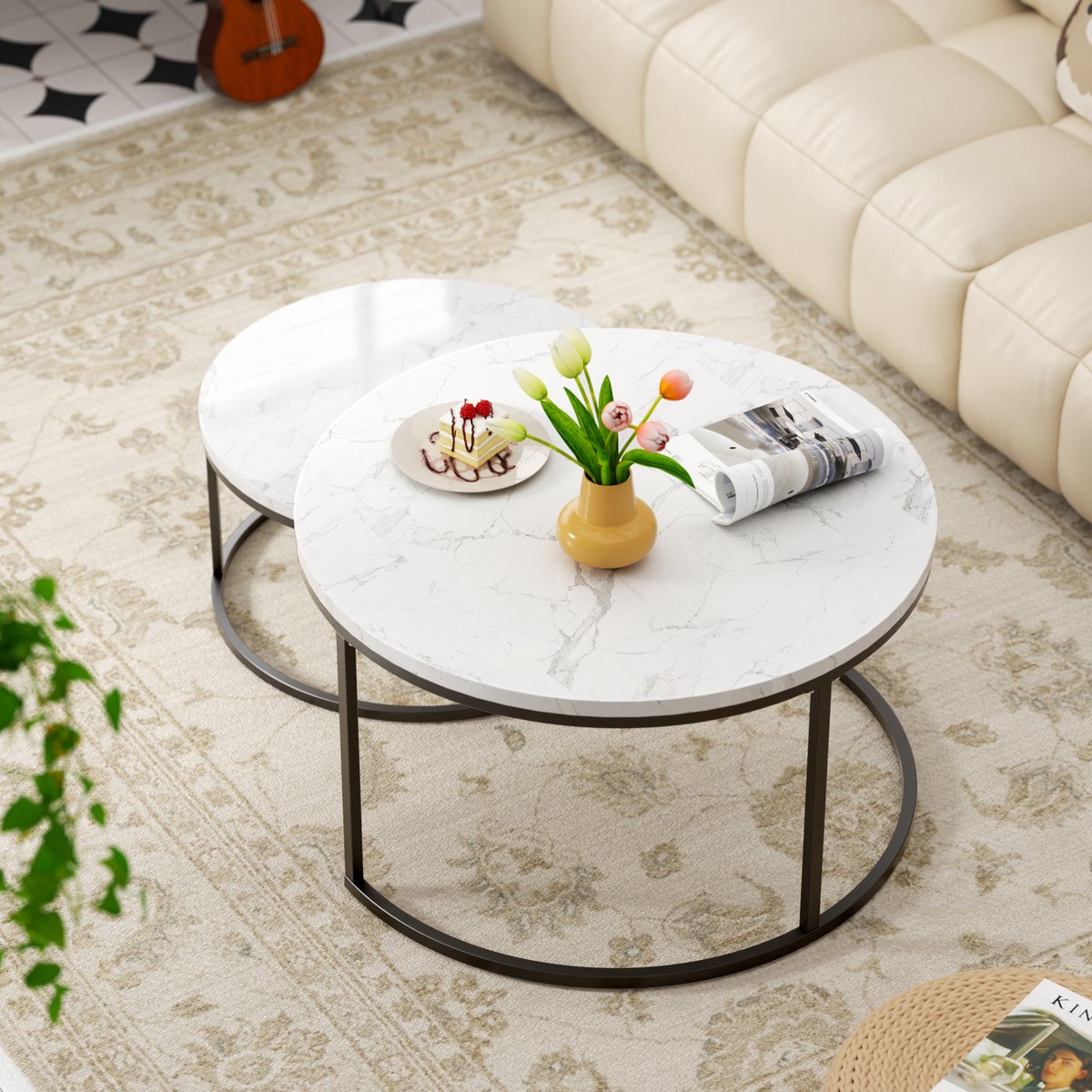 DESMIU Salontafel Set - Elegant Ontwerp Met Marmerlook En Metalen Frame - Voor Woonkamer En Kantoor - MDF En IJzer - Wit Zwart - Groot En Klein