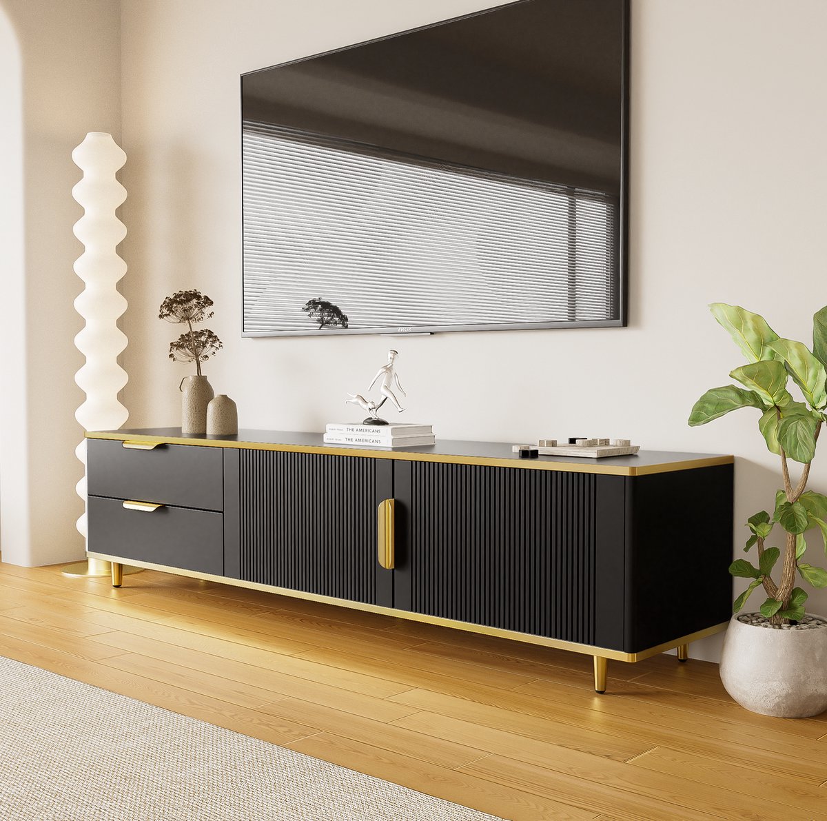 DESMIU Tv Meubel - Elegant Lowboard Met Opbergruimte En Gesneden Fronten - Voor Woonkamer En Mediahoek - MDF En Spaanplaat - 170x45x37 Cm - Zwart