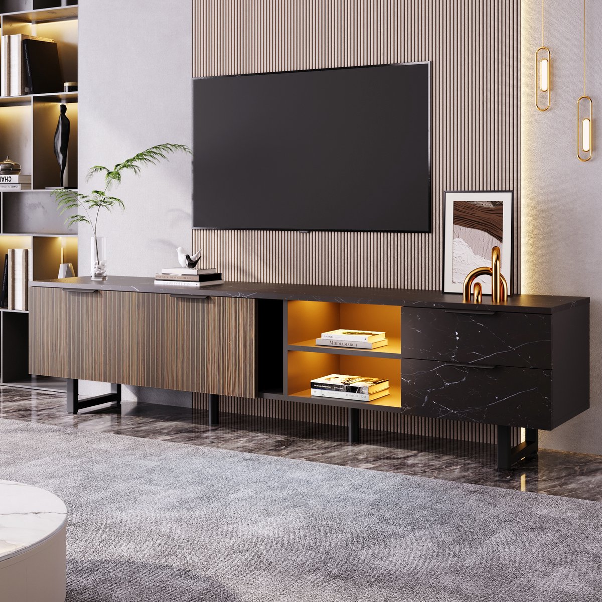 DESMIU Tv Meubel - Met Ledverlichting En Royale Opbergruimte - Voor Woonkamer En Mediahoek - MDF In Zwart En Houtlook - 200x38x50 Cm