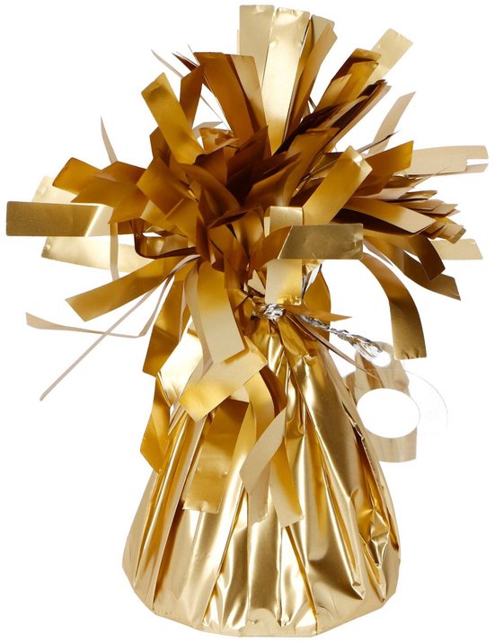 Goudkleurig ballon-gewicht met een kegelvormige basis en een pluim van gouden linten.