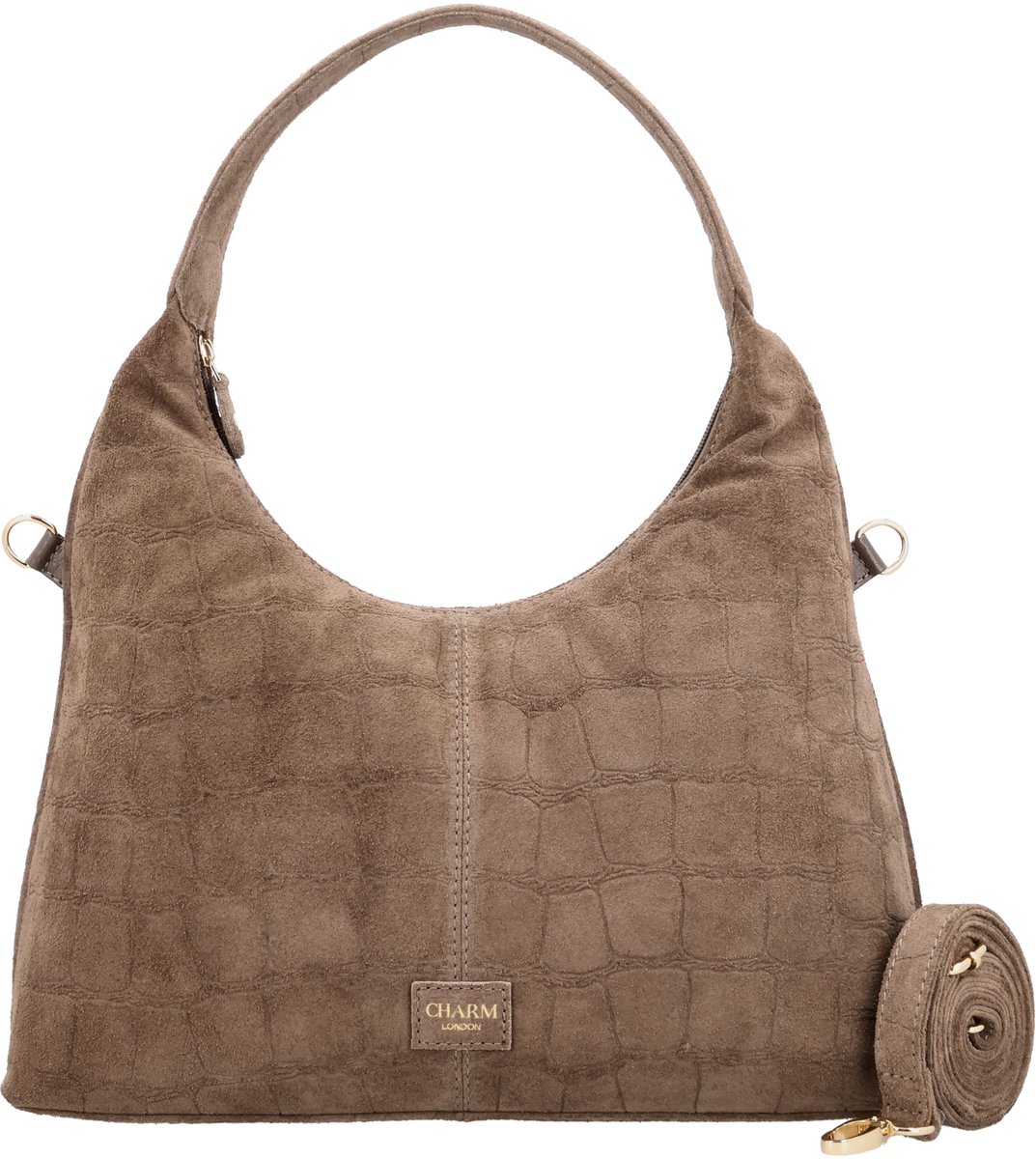 Charm London Cairo Schoudertas - Echt Suède - Crocoprint - Afneembare Schouderband - Dames Tas - Achterritsvak - Handtas - Crossbody - Leren Dames Tas - Donkertaupe