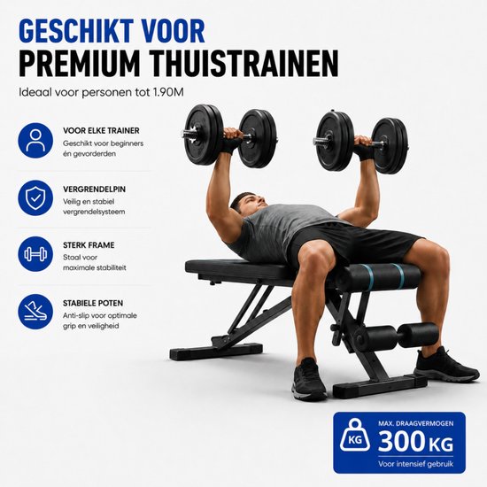 Man traint met gewichten op een verstelbare fitnessbank, geschikt voor personen tot 1.90M en met een maximale draagvermogen van 300KG.