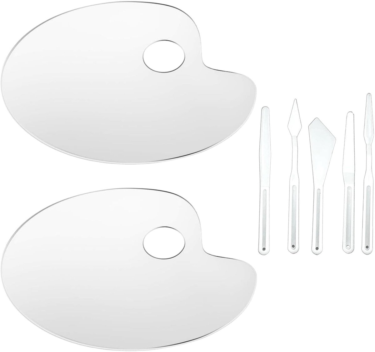 Dailygoods- Schilderpalet 2 Stuks - Ovaal Mengpalet - Acryl Kunstpalet - Transparant Kunststof - 5 Schildermessen - 25 cm × 15 cm - Verfpalet