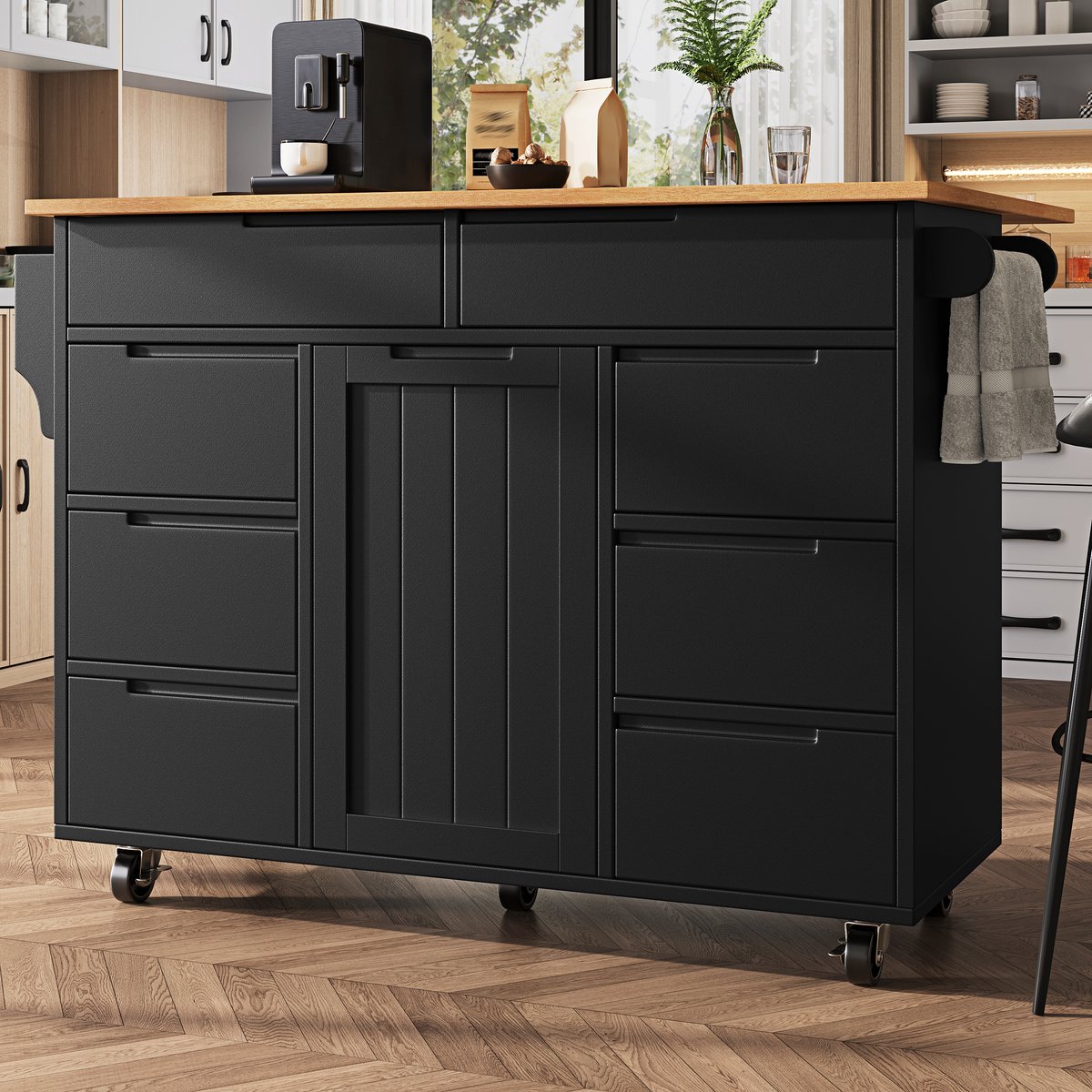 DESMIU Keuken Eiland - Uitschuifbare Keukentrolley Met Wielen En Werkblad - Voor Koken, Serveren En Extra Opbergruimte - MDF - Zwart - 122x74.5x91.5 Cm