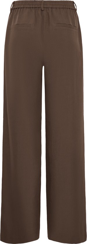Bruine wijde broek met elastische tailleband, van de achterkant gezien.