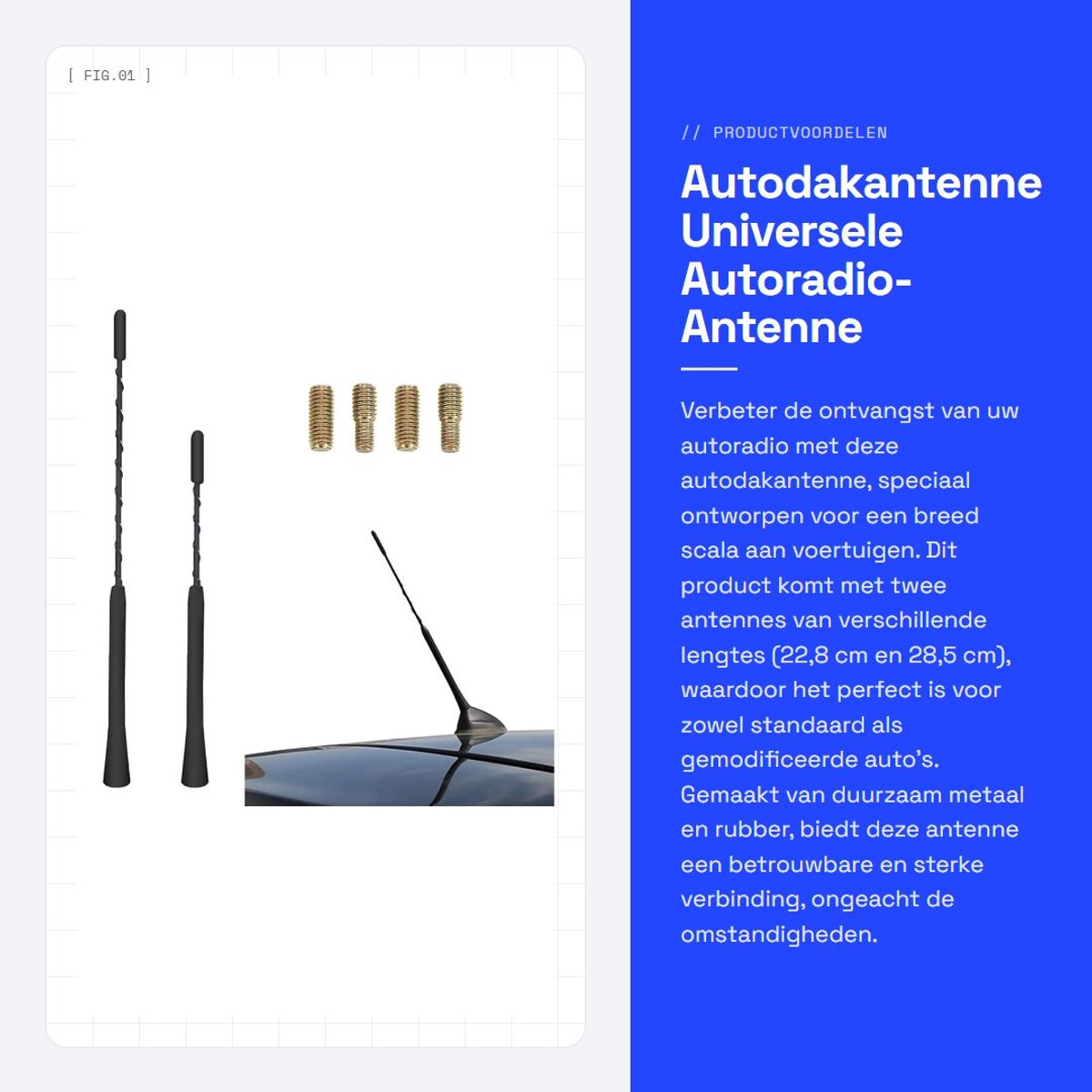 Dailygoods- Autoradio-antenne Universeel - Auto Antenne Kort - Auto Antenne Staal - Antenne Haaienvin - 2 Stuks - 22,8 cm / 28,5 cm - Autoantenne