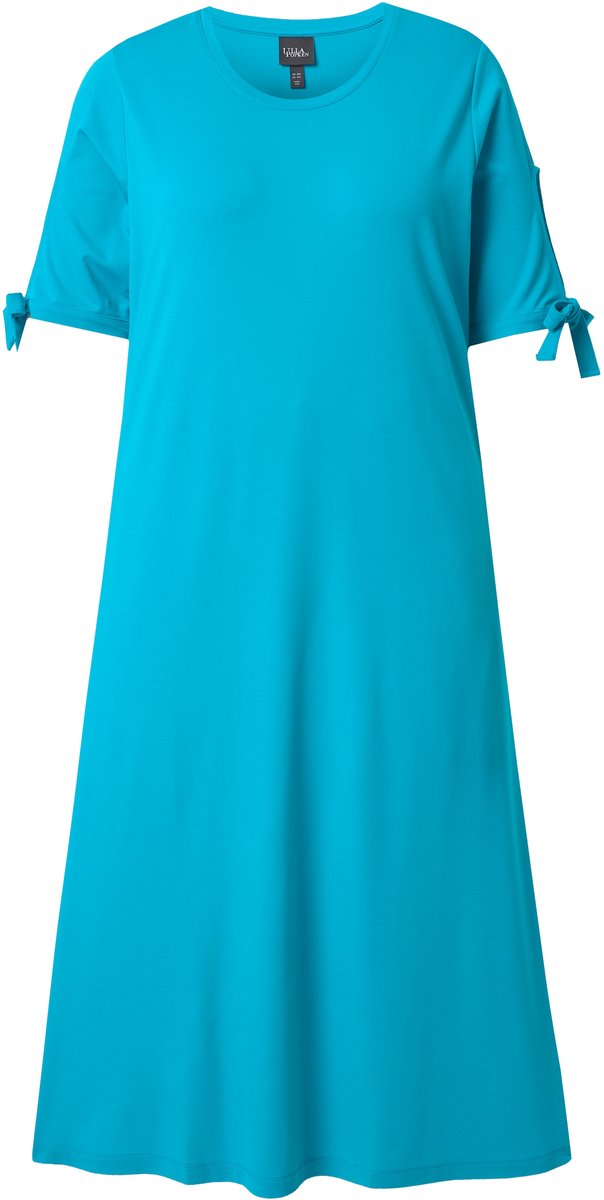 Ulla Popken Dames - Midi-jurk mouwen met split A-lijn ronde hals korte mouwen - Aqua turquoise - Maat 50+