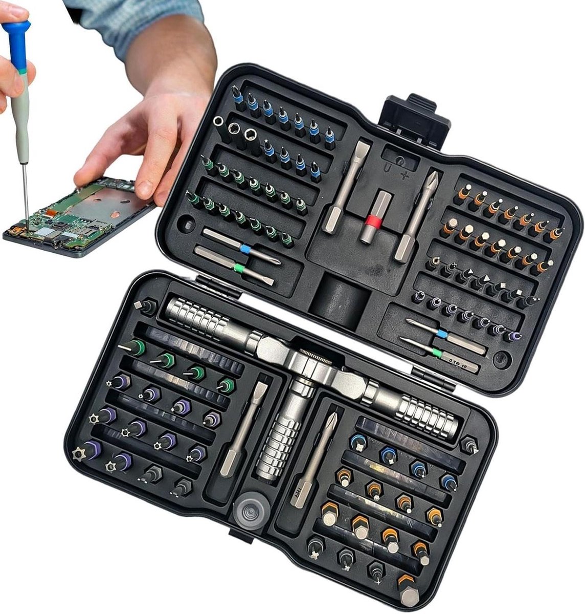 Schroevendraaierset - Precisiegereedschap Ratel - Klusjes Thuis - 105 Delige Set - 18 cm - Grijs