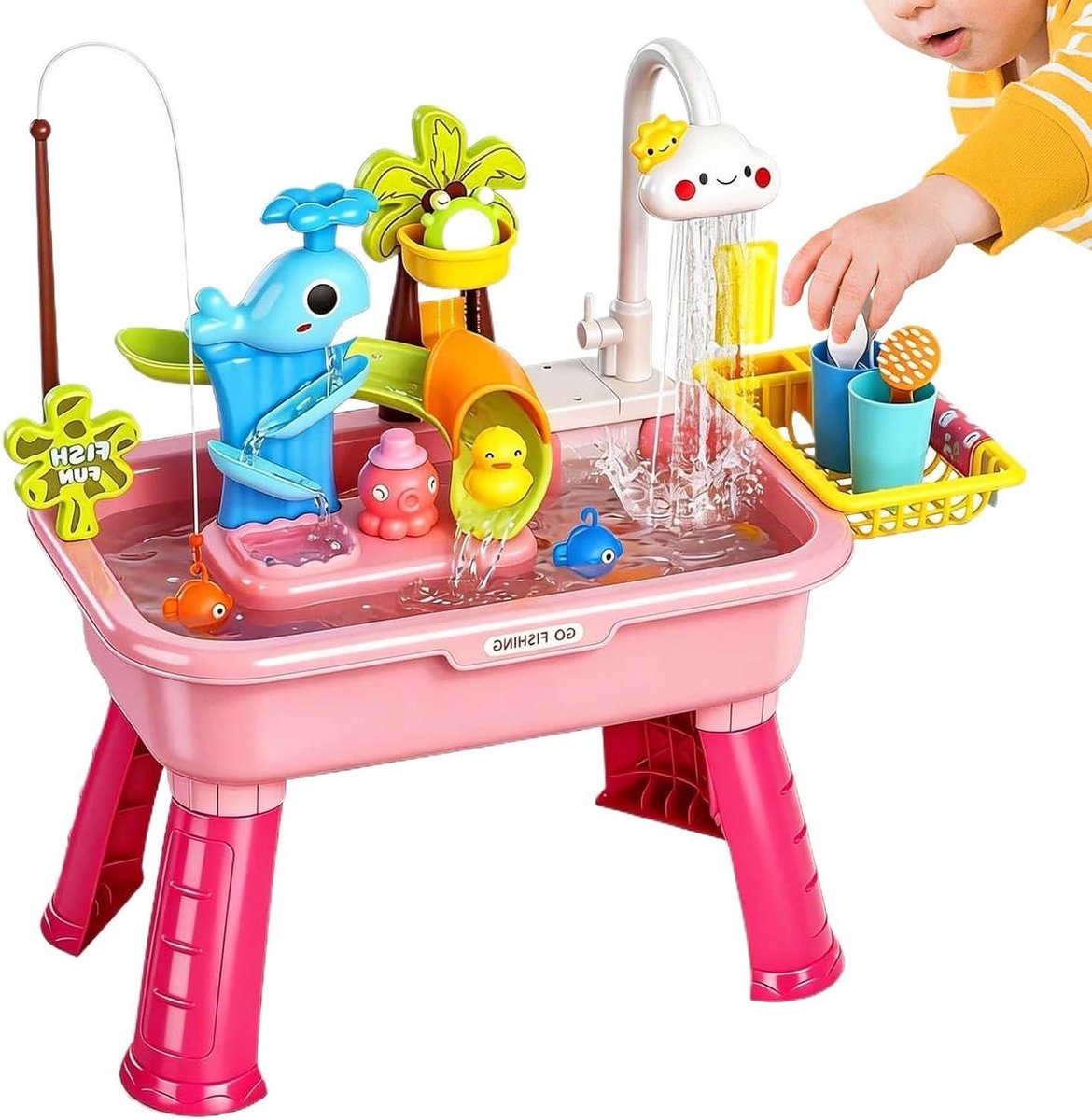 Speelgoedgootsteen Water - Watertafel Keuken - Rollenspel Spelen - Elektrische Kraan - 43 x 16 x 28.5 cm - Roze