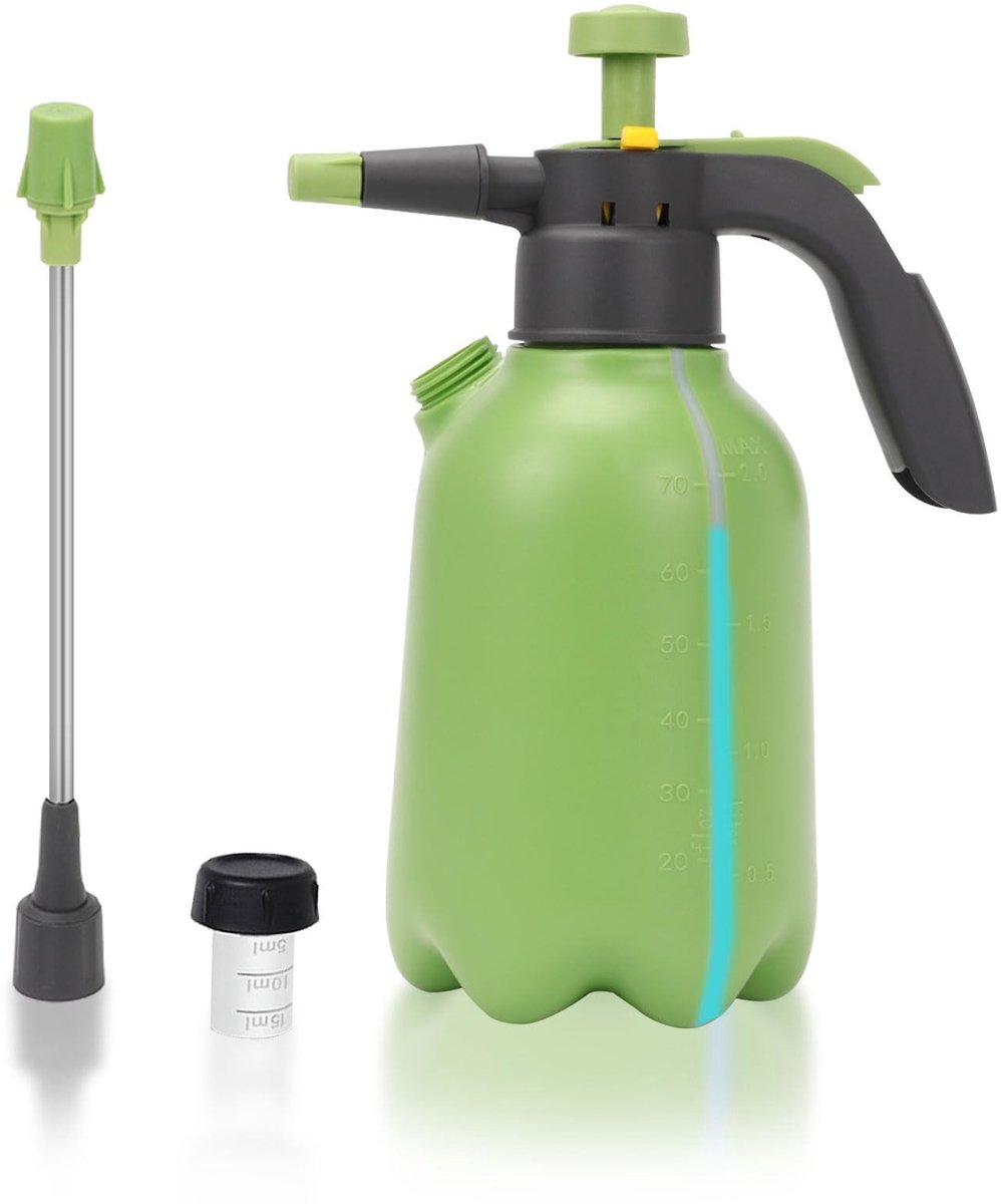 Dailygoods- Druksproeier 2 liter - Compacte Hogedrukspuitfles - Sproeifles met Verlengstang - Potirrigatie - Veiligheidswaarschuwing - Mintgroen Plastic