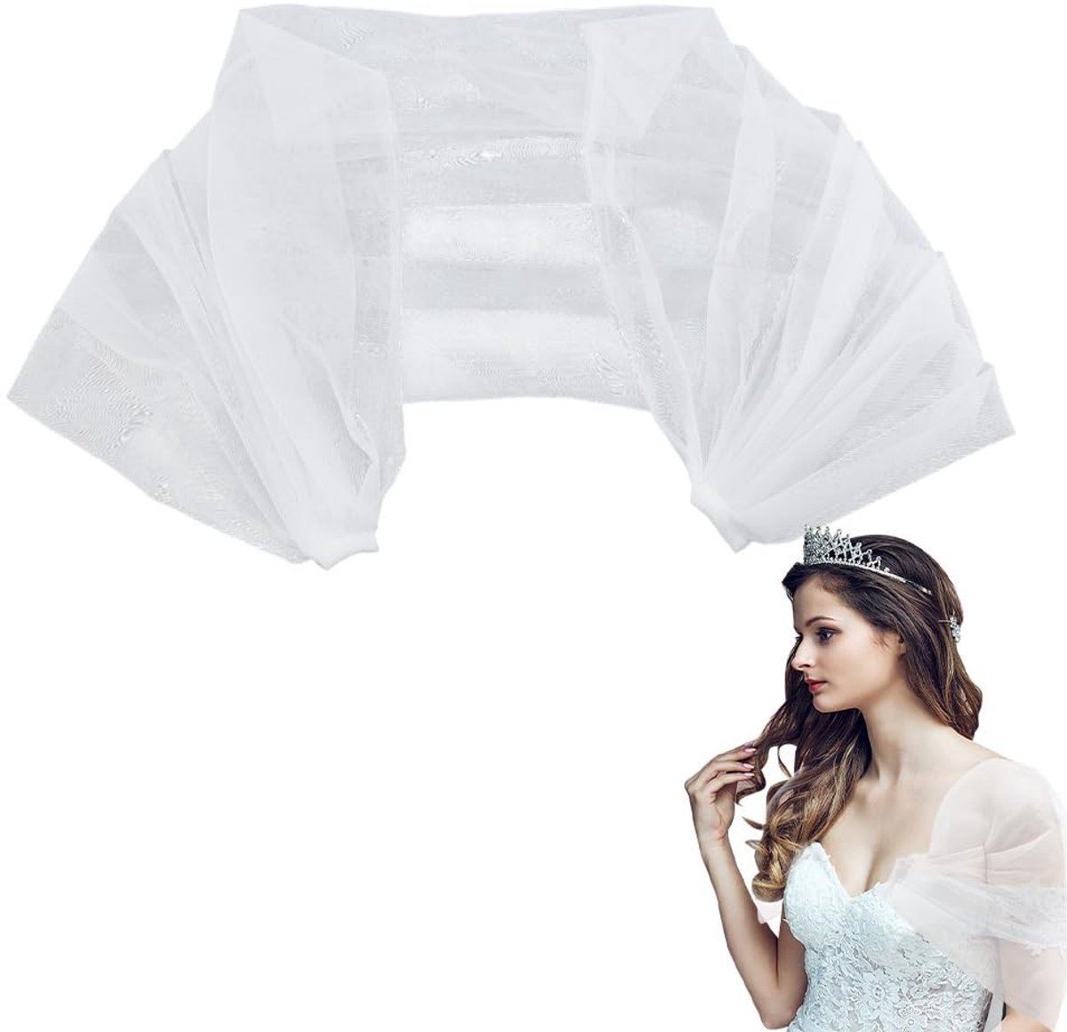 Dailygoods - Bruids Tule Sjaal Afneembare Bandjes voor Trouwjurk - Wit 1.05m