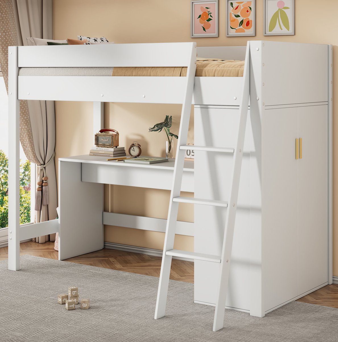 MEUNIQ Kinder hoogslaper 90 x 200 cm met bureau, kledingkast, ladder en reling, wit