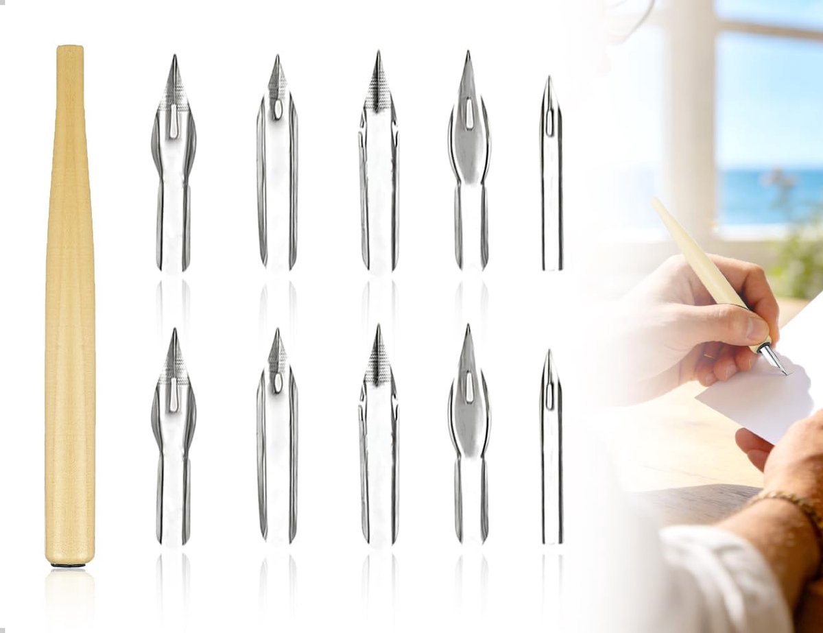 Pennenhouder set met 10 pennen - houten handvat - kalligrafie en tekenen - perfect voor wenskaarten - ShopVlot