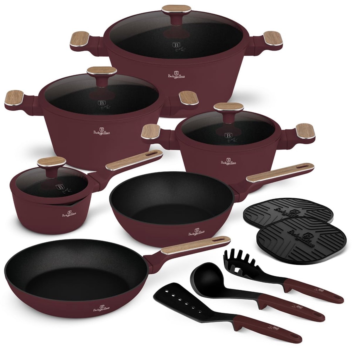 Berlinger Haus Pannenset Nordic Mat Bordeaux 11-Delig - Kookpan ø 20, 24, 28 cm, Koekenpan ø 24, 28 cm & Steelpan ø 16 cm - Geschikt voor alle warmtebronnen