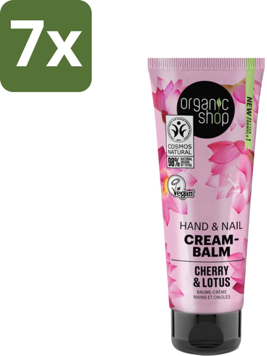 Organic Shop - Hand & Nail Cream - Cherry & Lotus - Verzorgend en Hydraterend - 75 ml - Bulkverpakking - 7 stuks