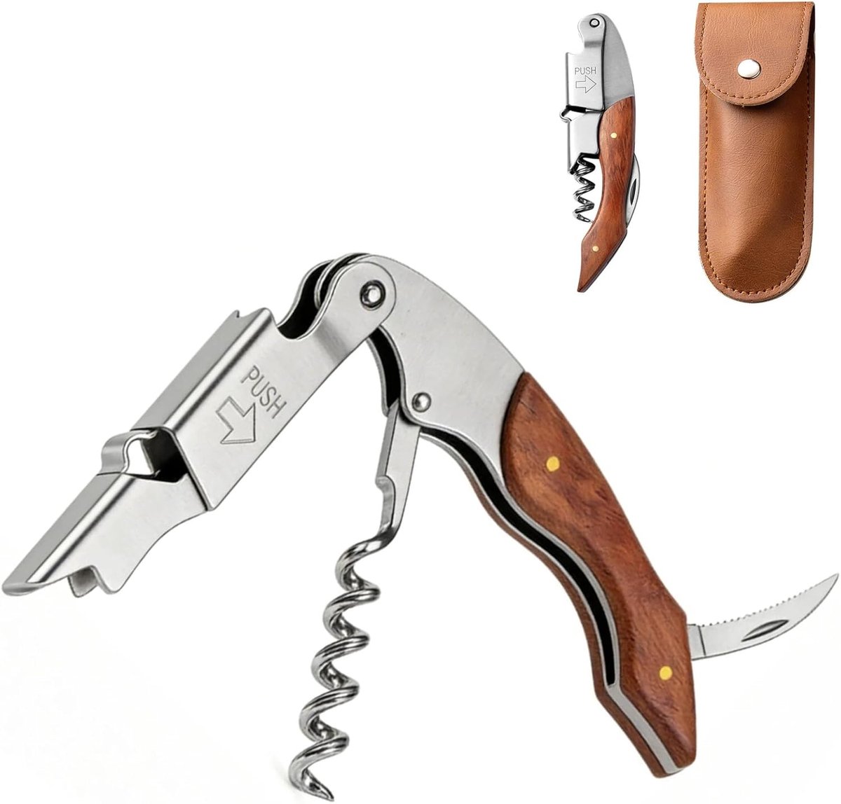 Professionele kurkentrekker van roestvrij staal met leren etui, 3-in-1 wijnopener, houten kelnermes, perfect als verjaardag, Pasen of als cadeau voor een sommelier (bruin)