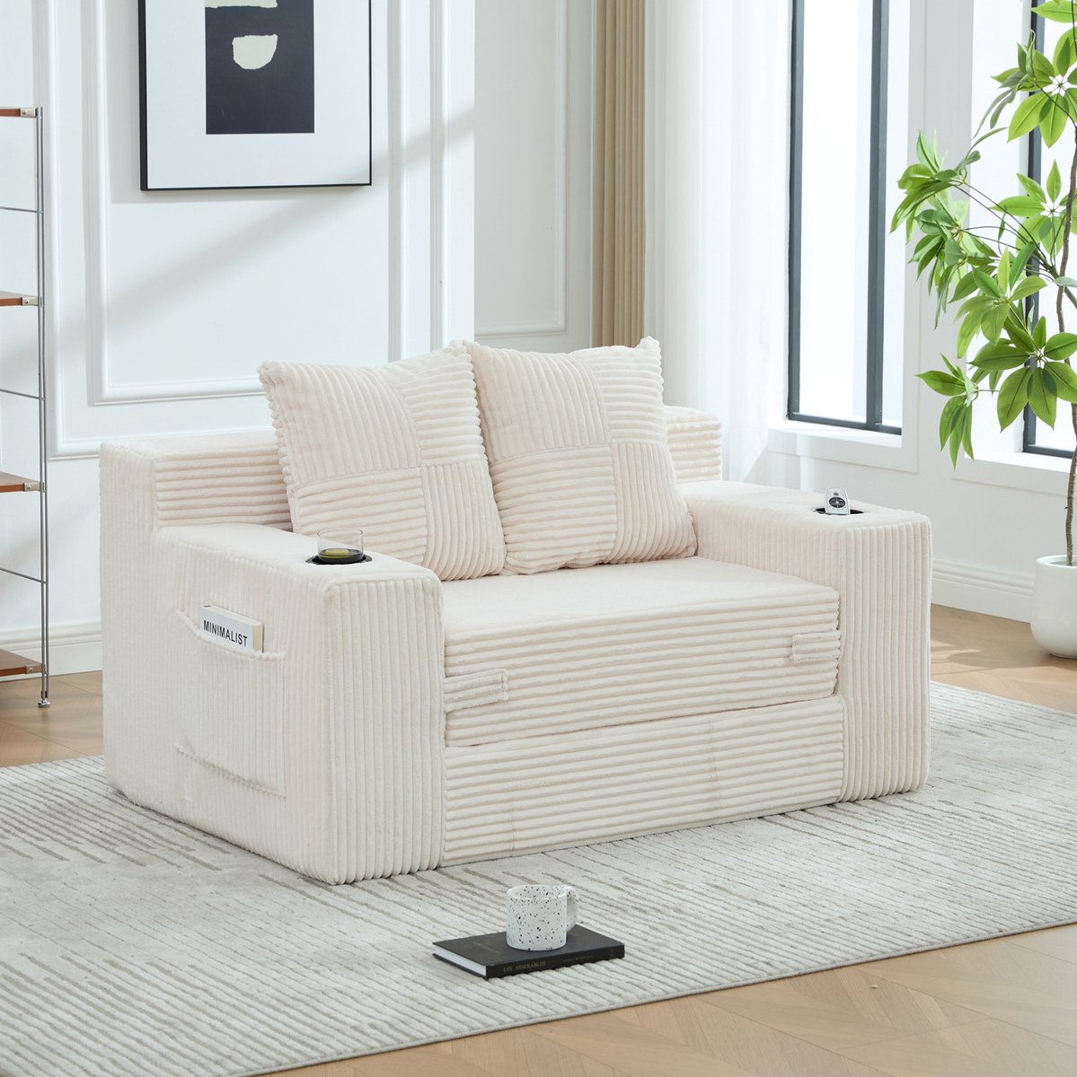 OKWISH Slaapbank 2-Zits 151 Cm – Uitklapbaar Met 2 Kussens, Bekerhouder En Opbergzak – Voor Woonkamer En Leeshoek – Stof – Beige