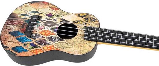 Concertukelele met een patroon van postzegels, illustraties en kaarten in diverse kleuren. Zwarte klankkast.