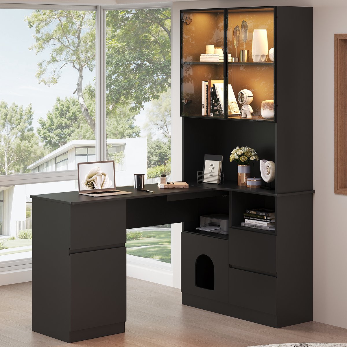 Hoekbureau - met hoekopstelling en laden en opbergruimte - zwart - afmetingen 120 x 80 x 180 cm - materiaal mdf - voor een praktische werkplek
