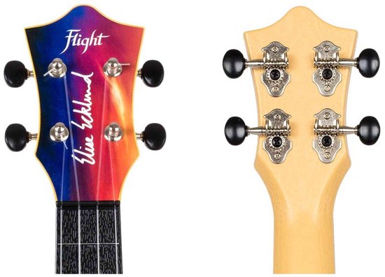 Kop van de ukelele van voren en achteren. De voorkant heeft een zonsondergangprint en stemknoppen. De achterkant is van lichthout met stemmechanieken.