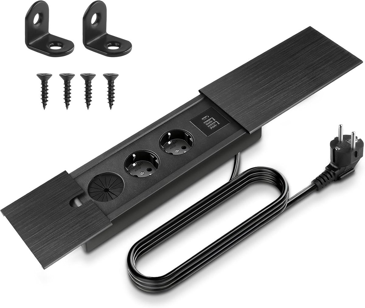 Inbouwstopcontact met USB-aansluitingen - Zwart - Aluminium - Voor Bureau en Keuken