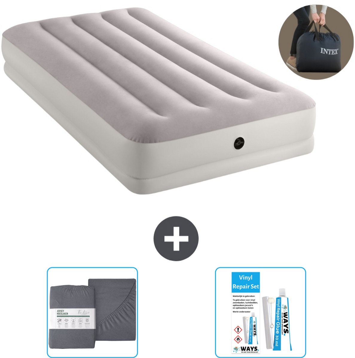 Intex Luchtbed - 1-Persoons - 99 x 191 x 30 cm - Grijs - Inclusief pomp - Accessoires CB20