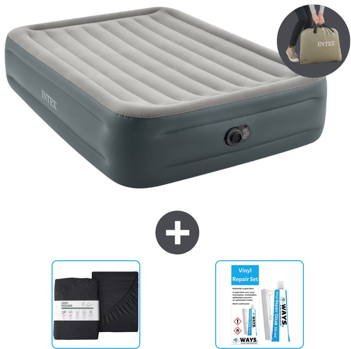 Bol.com Intex Luchtbed - 2-Persoons - 152 x 203 x 46 cm - Grijs - Inclusief pomp - Hoeslaken en Reparatieset aanbieding