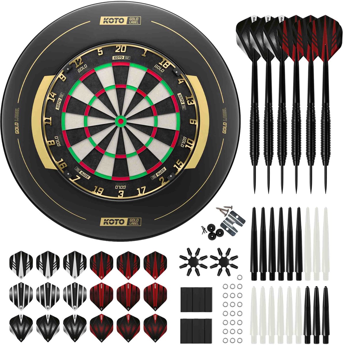 KOTO Gold Label Dartboard + KOTO Gold Label Surround + 2 Sets KOTO dartpijlen 90 Pieces - Dartset