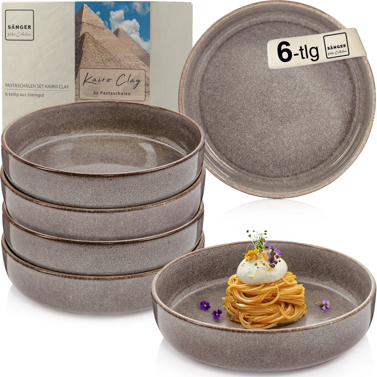 SÄNGER Kairo Graphit Pastaschalen Set - 6-Delig Aardewerk - Pastaborden En Kommen - Ø 20,5 cm - 800 ml - Krasbestendig - Vaatwasser- En Magnetronbestendig