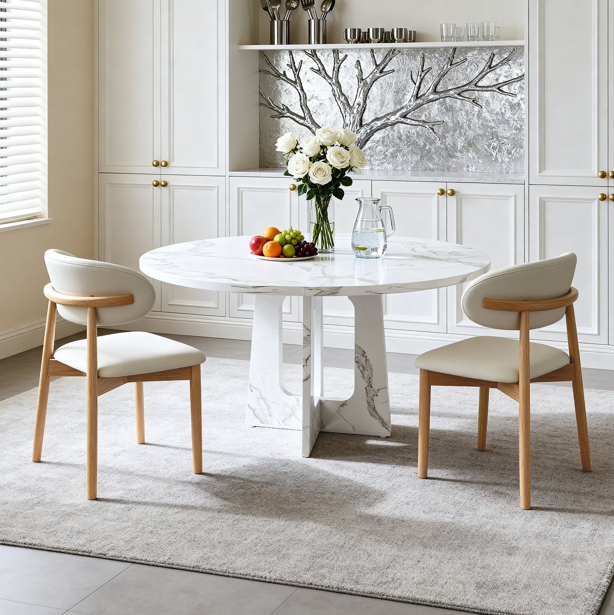 Ronde Eettafel En 2 Stoelen - Witte Marmerlook - Modern Voor Eetkamer En Woonruimte - Hout - 120x120x76 Cm