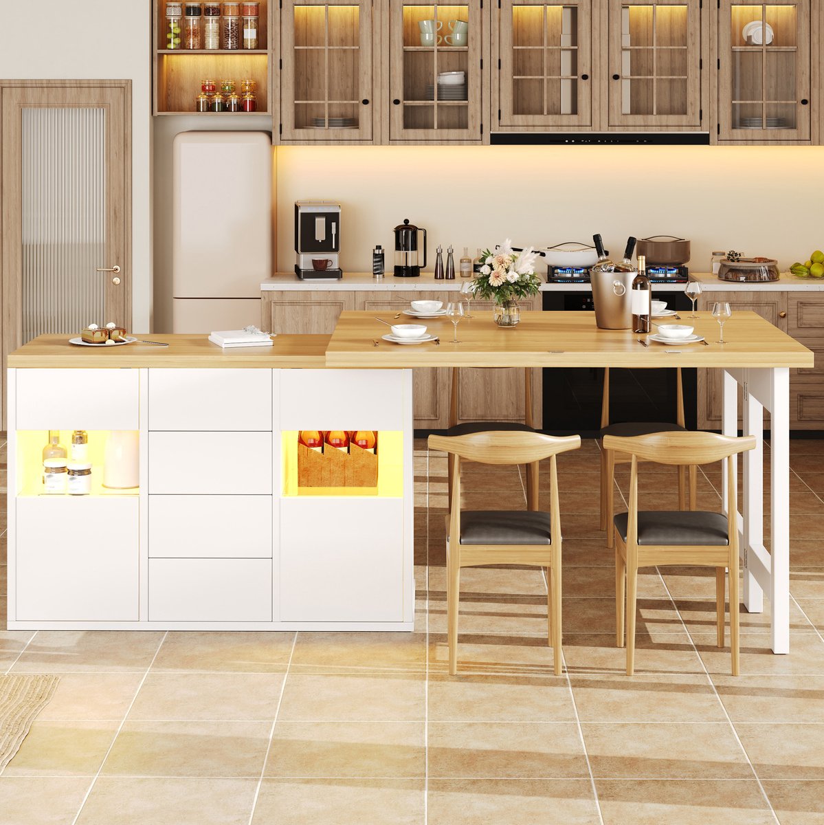 HAUSS SPOLE Uitschuifbare Keuken Eettafel Met 360 Graden Draaiblad En Slimme Verlichting Voor Keuken En Eetkamer Hout Wit 197x40x73,8 Cm