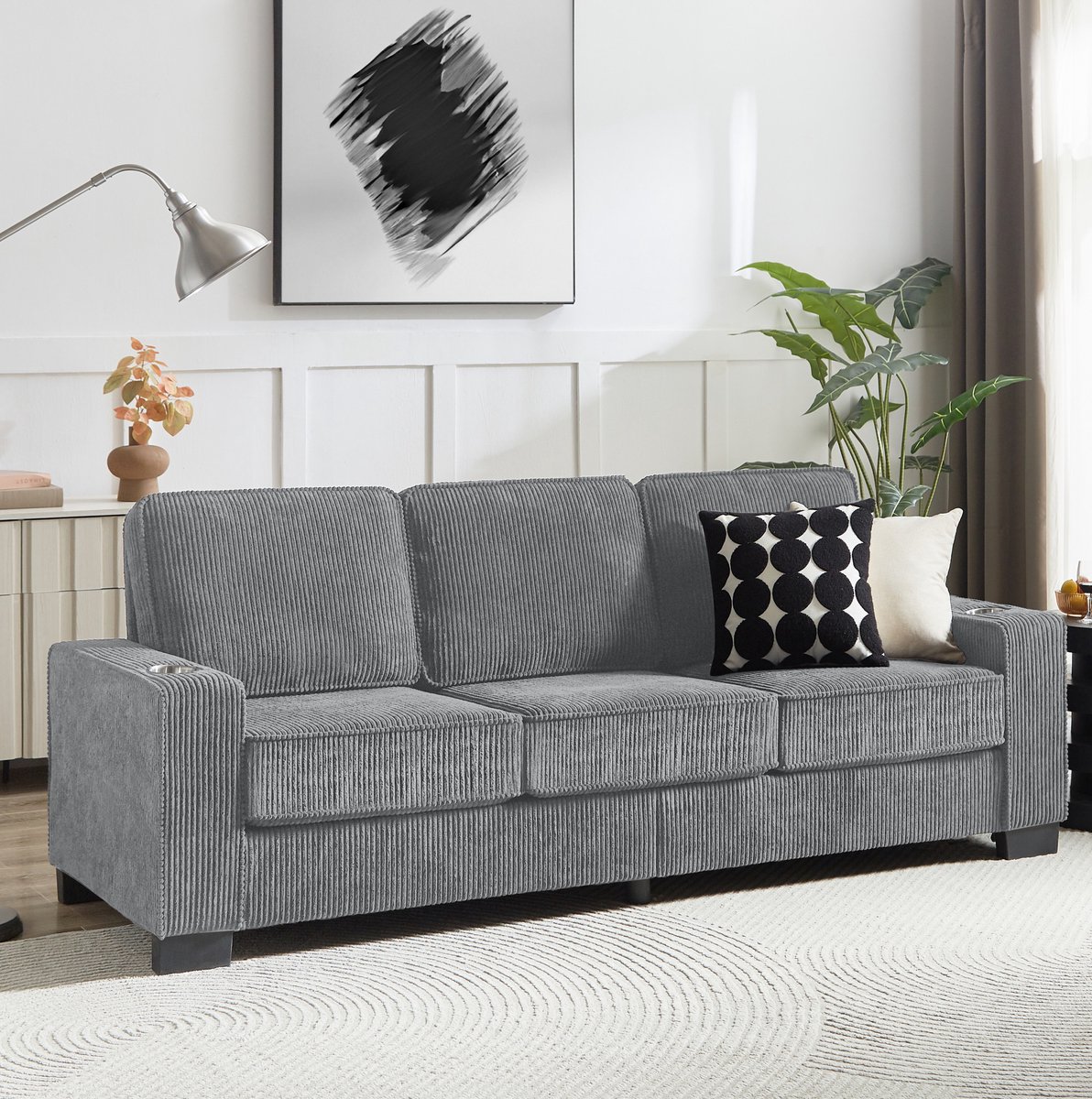 HAUSS SPOLE Bank - Moderne Zitbank Met Geïntegreerde Bekerhouders - Voor Woonkamer, Slaapkamer En Kantoor - Ribstof - Grijs