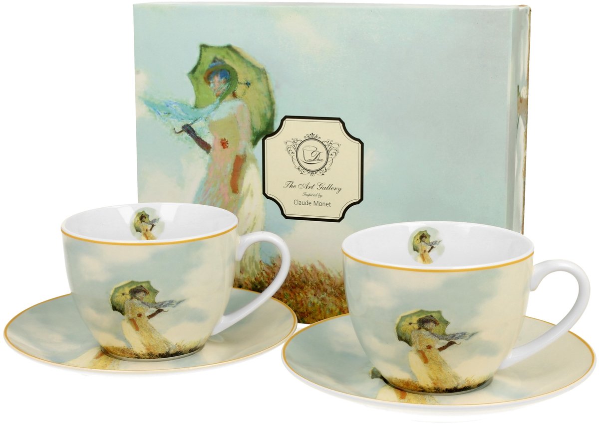 Set van 2 Porseleinen Mokken met Schotel - "Vrouw met Parasol" Kunstprint