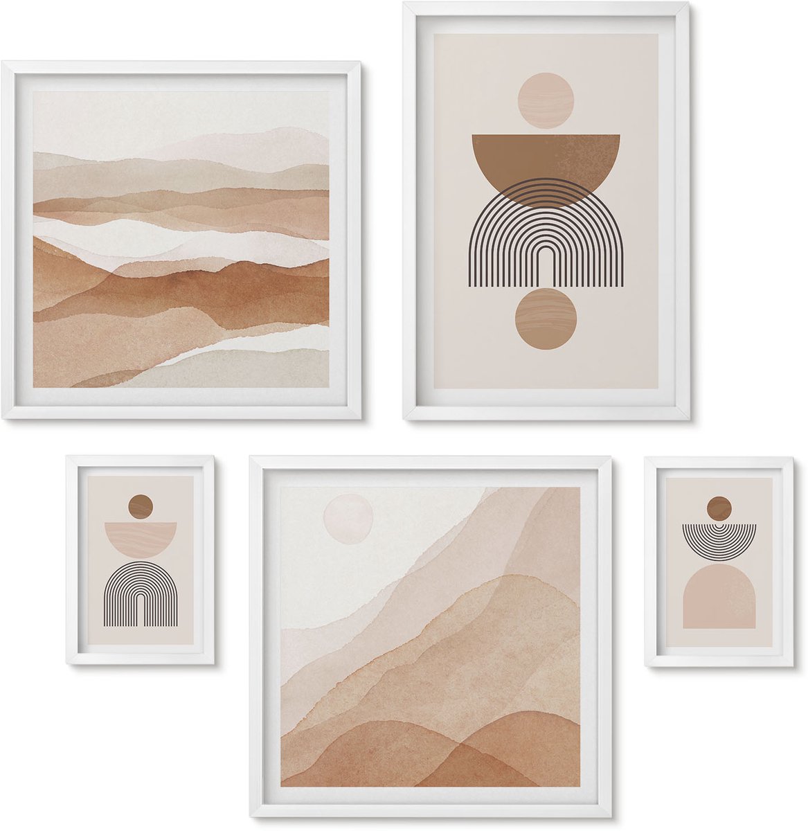 Wallfluent 5-Delige Schilderij Set - Abstracte Composities In Aardetinten En Geometrische Vormen - 50 x 50 cm, 20 x 30 cm En 40 x 60 cm - Decoratieve Schilderijen - Woonkamer - Interieur - Stijlvolle Muurdecoratie
