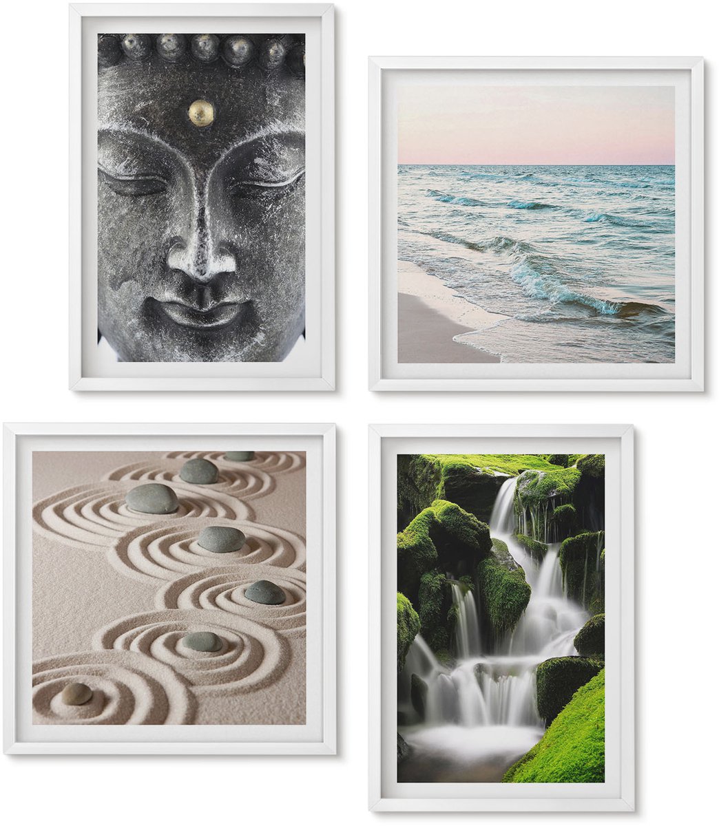 Wallfluent 4-Delige Schilderij Set - Rust Van De Natuur Met Stenen, Een Waterval En Een Boeddha. - 40 x 40 En 40 x 60 - Muurdecoratie - Interieur Decoratie - Woonkamer Decoratie