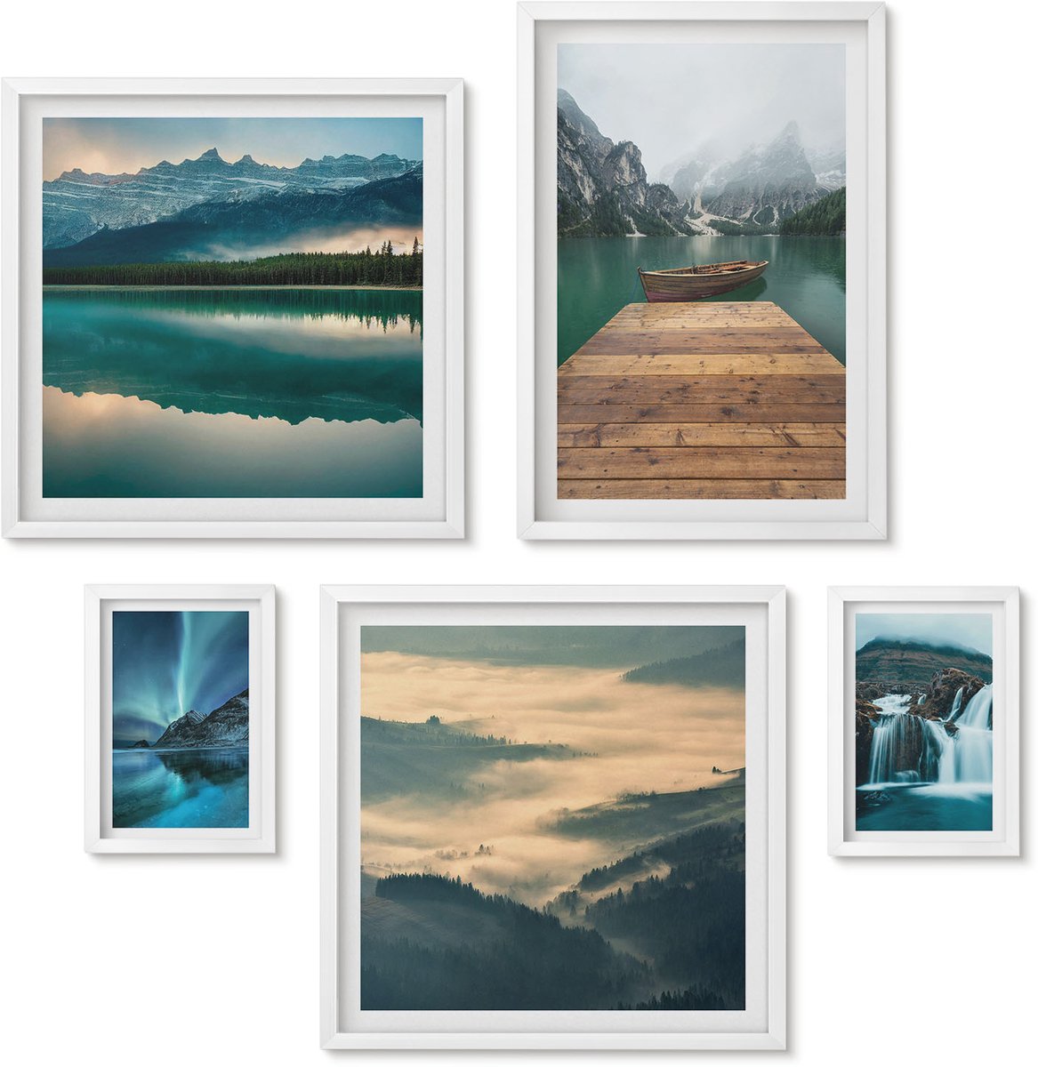 Wallfluent 5-Delige Schilderij Set - Natuurlijke Landschappen Met Watervallen En Bergen Op De Achtergrond. - 50 x 50 cm, 20 x 30 cm En 40 x 60 cm - Wanddecoratie - Muurdecoratie - Moderne Interieurdecoratie - Stijlvolle Muurdecoratie
