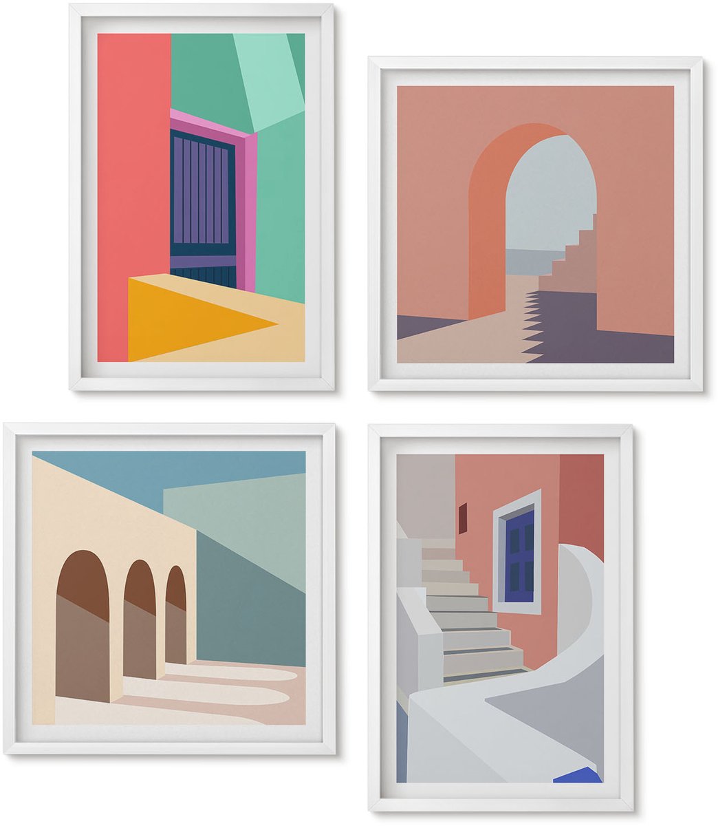 Wallfluent 4-Delige Schilderij Set - Kleurrijke Illustraties Van Gebouwen In Een Moderne Stijl. - 40 x 40 En 40 x 60 - Stijlvolle Wanddecoratie - Interieur