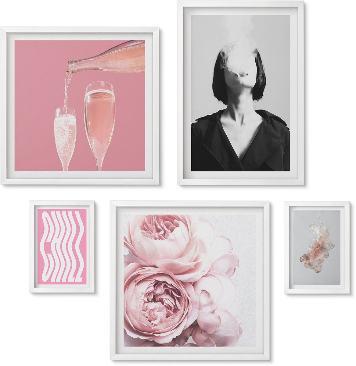 Wallfluent 5-Delige Schilderij Set - Stijlvolle Composities Met Roze Accenten En Bloemen. - 50 x 50 cm, 20 x 30 cm En 40 x 60 cm - Decoratieve Schilderijen - Woonkamer - Interieur - Wanddecoratie